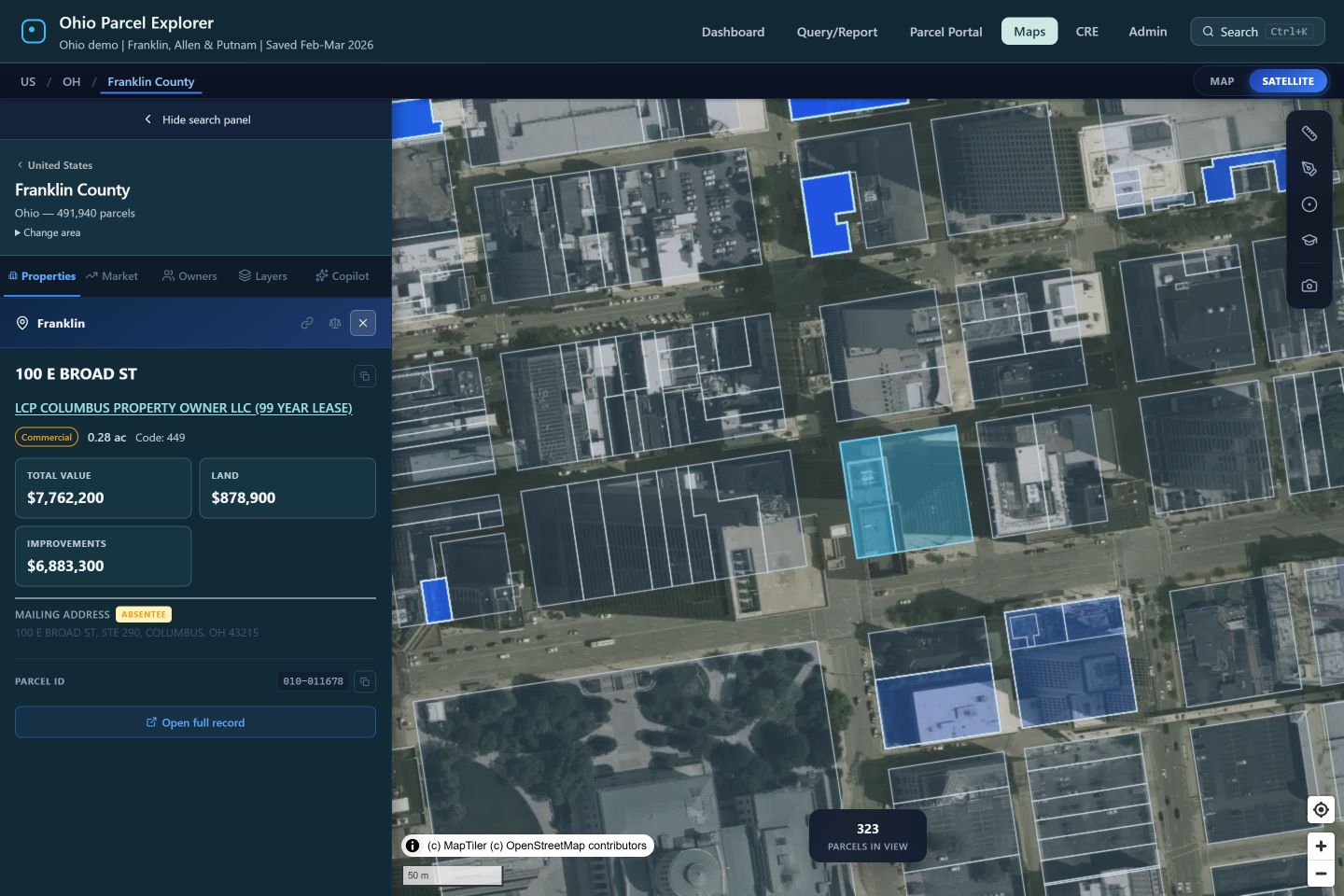 Actual ParcelMetric application showing property, owner, map, list and project tools