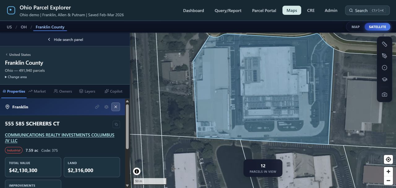 Actual ParcelMetric aerial: the selected 7.59-acre Scherers Court property outlined beside its recorded owner and property attributes