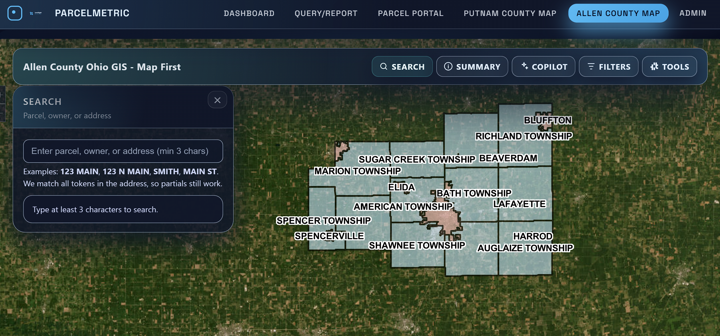 ParcelMetric dashboard map view with parcel overlays and tools