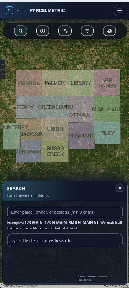 ParcelMetric mobile map view with parcel overlays